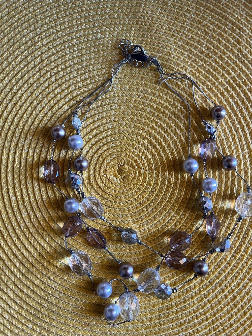 Multi-Strand Pearl & Faceted Bead Necklace - Taupe/Champagne